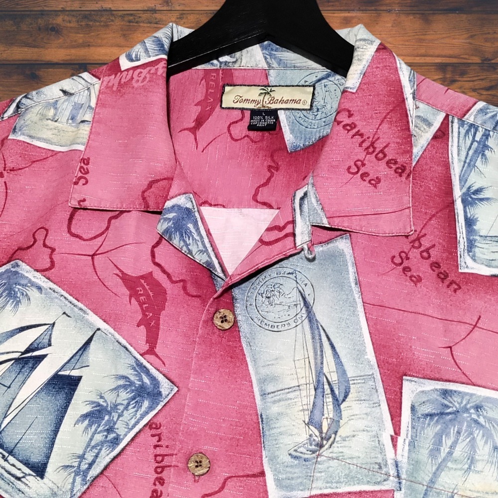 Tommy Bahama Mens Large Silk Camp Shirt Tropical Fish Hawaiian Short Sleeve